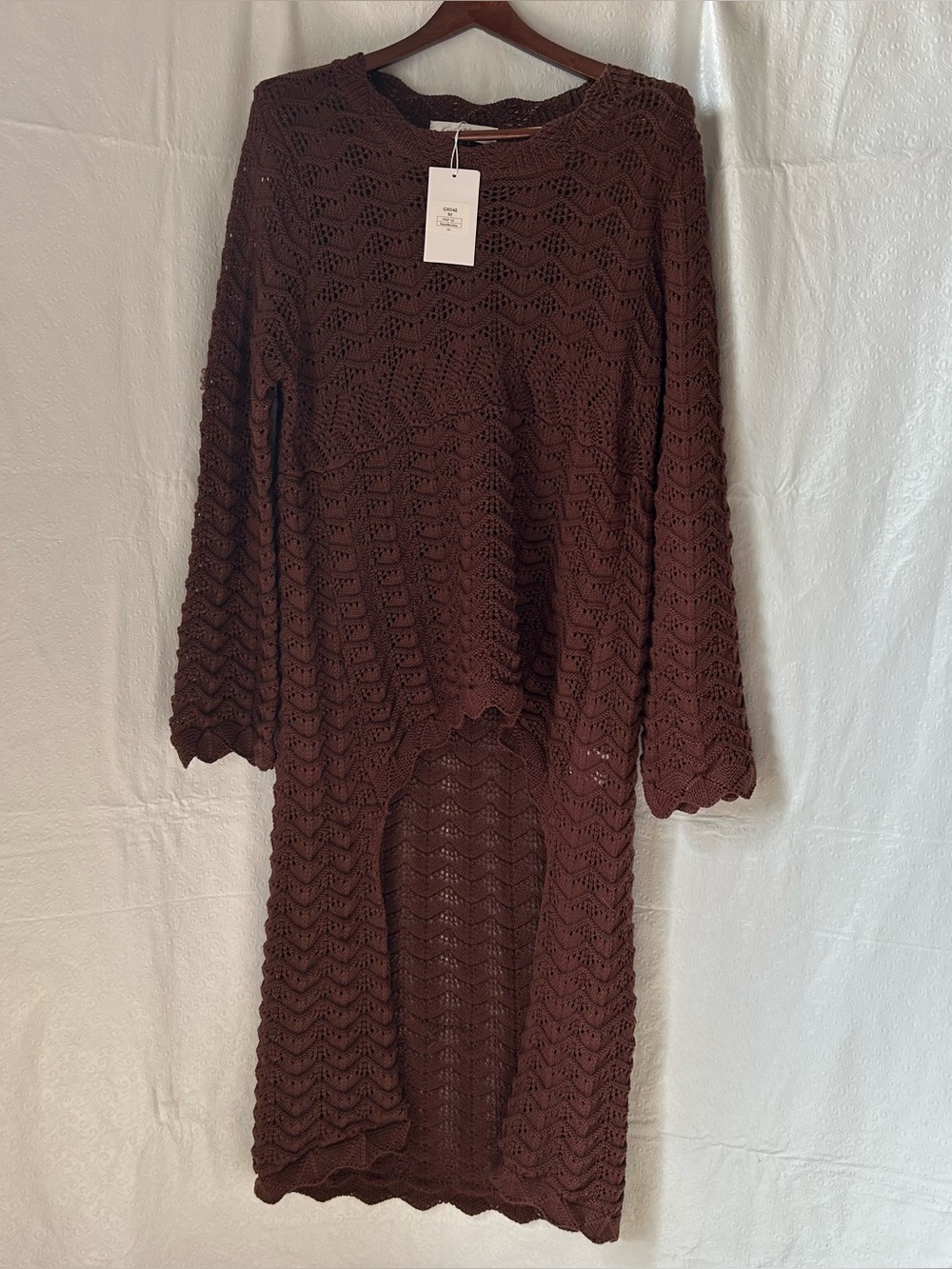 NWT KNIT MIX Bohemian Pointelle Crochet Tunic High/Lo Sweater Dress Brown Sz M